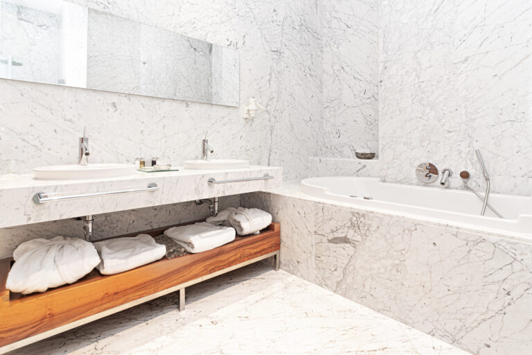 Modern hotel interior with white marble finishes